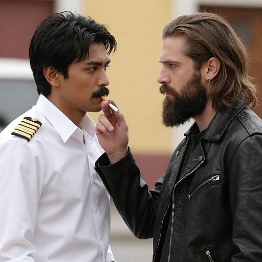 Bearded Man Lights Officer's Cigarette