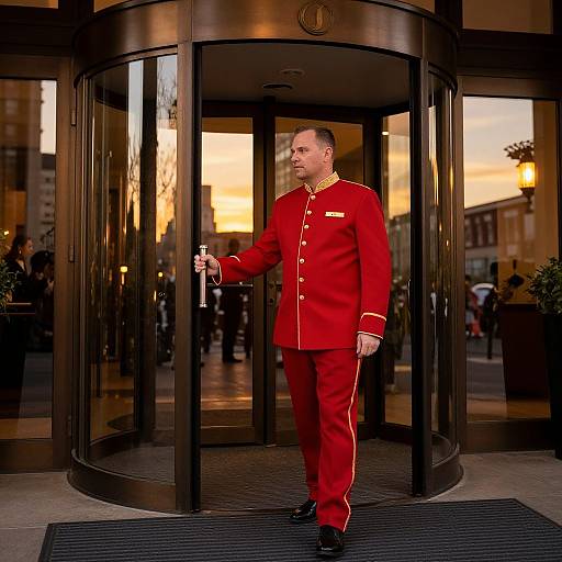 Photograph of a bald, middle-aged man in a bright red military-style uniform with gold trim, walking out of a modern glass-fronted building at