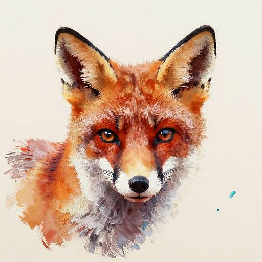 Digital watercolor painting of a red fox with vivid orange and white fur, intense amber eyes, and black-tipped ears, set against a white background
