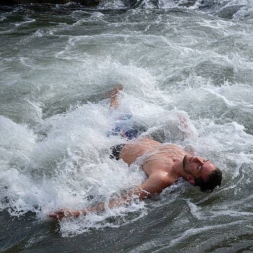 Photograph of a shirtless man with short dark hair, lying in turbulent, white-capped ocean waves, his body partially submerged.