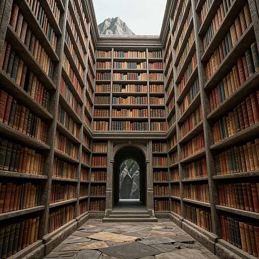 Photograph of a grand, dimly-lit library with tall, wooden bookshelves filled with colorful, leather-bound books, centered around a stone