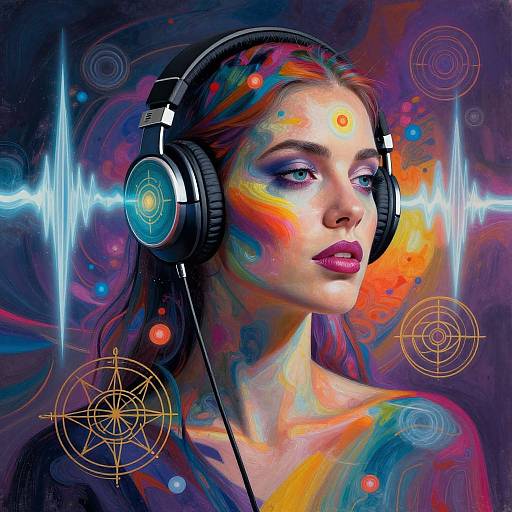 Digital art of a woman with colorful painted face, wearing large headphones, against a dark, abstract background with a heartbeat line and geometric patterns. Vibrant