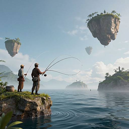 Two men fishing from a cliff, casting lines into a serene, cloud-veiled, floating island-filled sea, digital fantasy artwork.