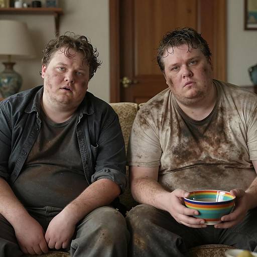Two Overweight Men on Couch Scene