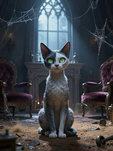 Digital artwork of a white and gray cat with glowing green eyes, sitting in a dark, spooky room with cobwebs, broken toys, and ornate