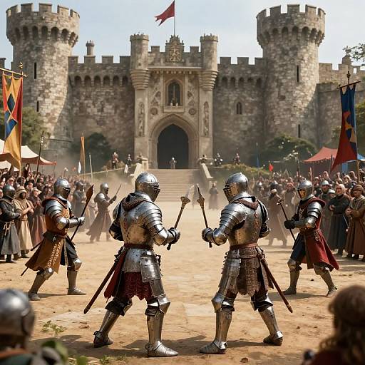 Photorealistic CGI of medieval knights in silver armor facing each other in a sandy courtyard before a grand stone castle. Flags and a crowd in the background