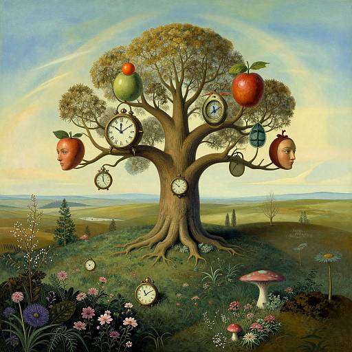 Surreal painting of a tree with clocks, apples, and human faces, set in a colorful, floral meadow under a pastel sky.