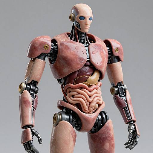 CGI image of a humanoid robot with a pink, marble-textured exterior, exposed internal organs, blue eyes, and black metallic joints.