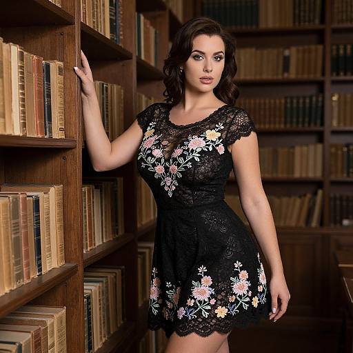 Photograph of a curvy brunette woman with wavy hair, wearing a black lace dress with white floral embroidery, standing in a wooden library, touching