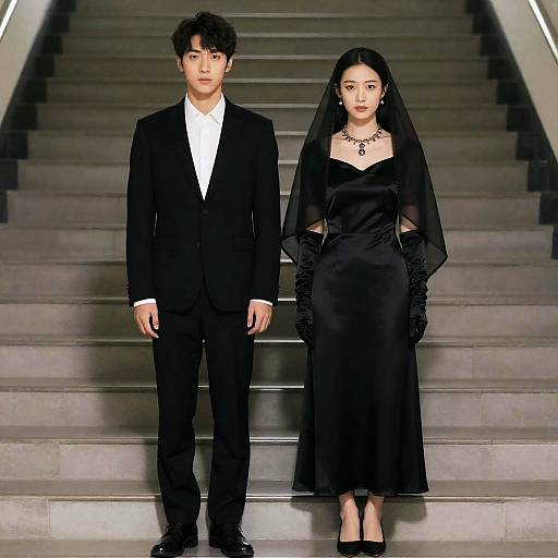 Formal Couple in Silk on Stairs