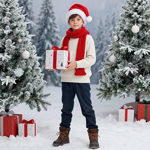 Photograph of a young boy in a Santa hat, red scarf, white sweater, and dark pants, holding a gift box, standing in a snowy