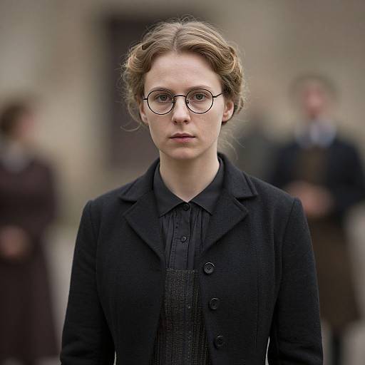Photograph of a serious young woman with glasses, light brown hair in a bun, wearing a black coat and buttoned shirt, blurred background with ind