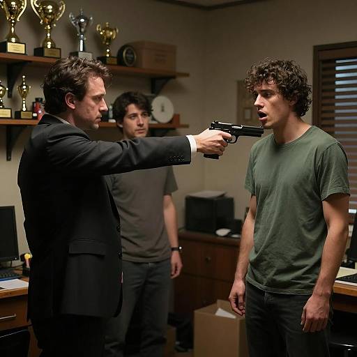 Man in Suit Pointing Gun at Shocked Man in Room