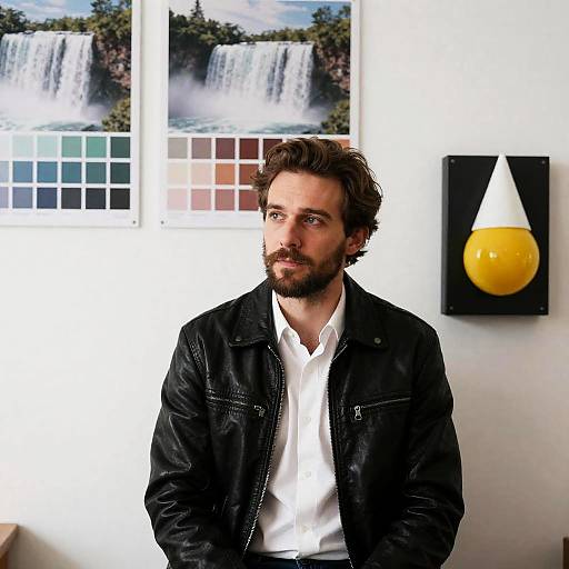 Man in Leather Jacket Against White Wall