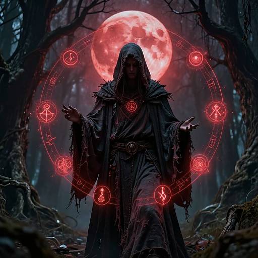 Mysterious hooded figure in dark cloak stands in eerie forest, surrounded by glowing red magical symbols, with a large red moon behind. Digital art,