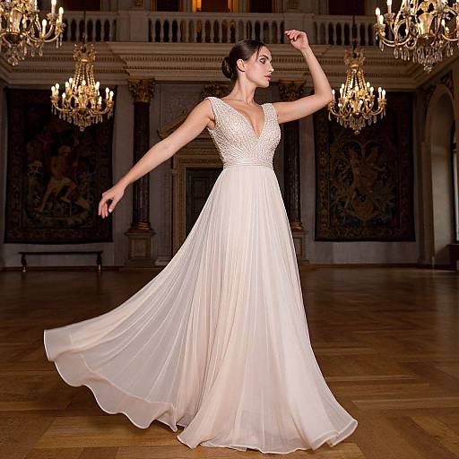 Photograph of a dark-haired woman in a white, sleeveless, V-neck, lace-embellished ball gown, dancing in an ornate
