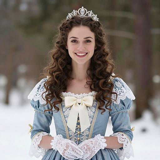 Photograph of a smiling young woman with curly brown hair, wearing a silver tiara, blue lace dress with white ribbon, and lace cuffs, standing