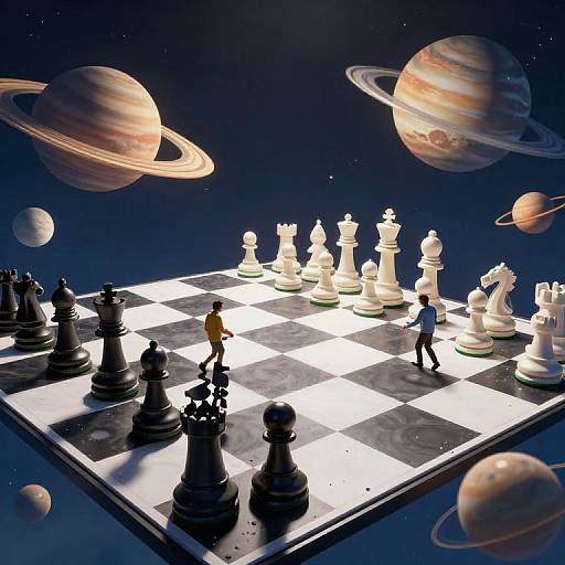 Photorealistic digital artwork: Chessboard with human players, giant white and black pieces, floating in space with Saturn, Jupiter, and moons.