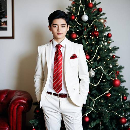 Young Man in White Suit with Red Tie by Christmas Tree
