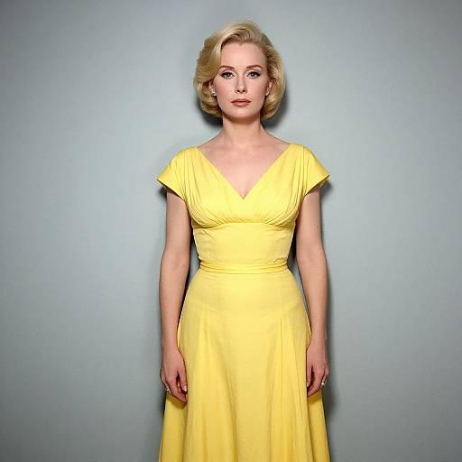Photograph of a blonde woman with fair skin wearing a vibrant yellow, V-neck, short-sleeve dress, standing against a plain gray background.