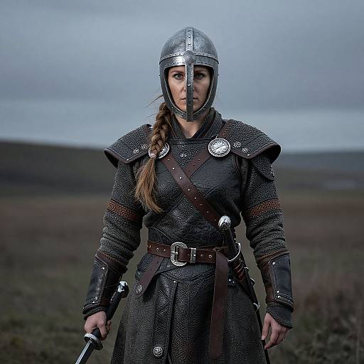 Photograph of a serious female Viking warrior in metallic armor, wearing a silver helmet, holding a sword, standing in a misty, barren landscape.