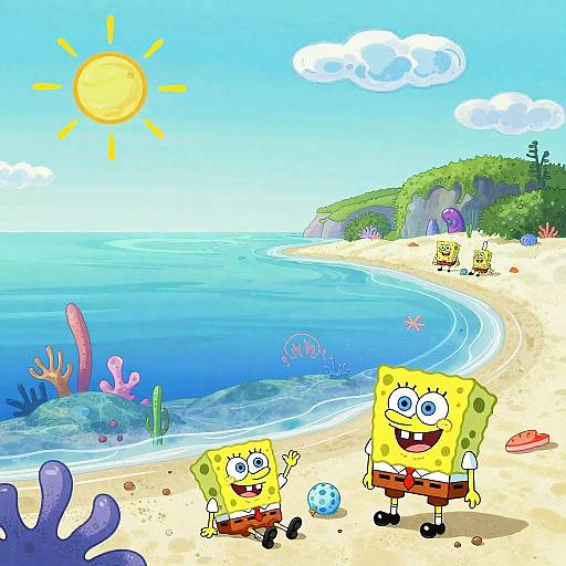 Digital cartoon of SpongeBob and Patrick on a bright beach with blue ocean, sun, clouds, and colorful coral, wearing red shorts.