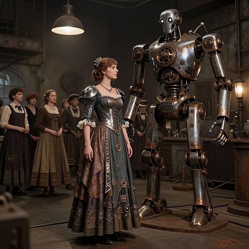 Photograph of a Victorian-era woman in intricate dress, standing beside a shiny, metallic robot in a dimly lit, industrial-style room. Background features