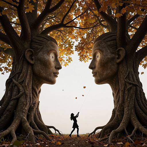 Photograph of a silhouette of a person between two giant, stone-faced trees with autumn leaves, their faces eerily large and detailed.