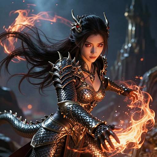 Digital fantasy artwork of a fierce, dark-haired woman with horns, wearing glowing, black dragon-scale armor, conjuring fire with intense, focused eyes.