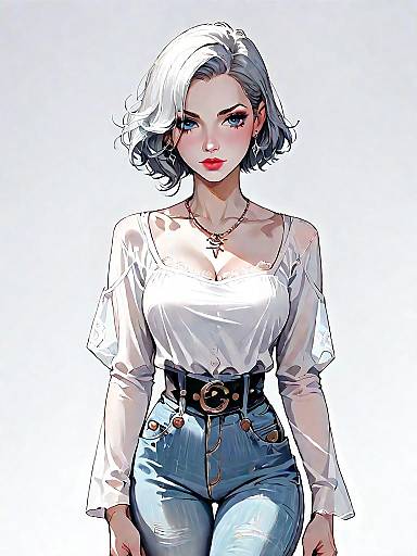 Bohemian Chic Woman in White Blouse and Jeans