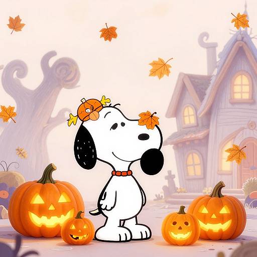 Cartoon dog with black ears, white body, orange pumpkin hair clip, stands by glowing jack-o'-lanterns in front of a spooky,