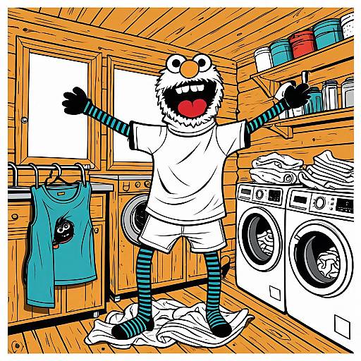 Energetic Sock Puppet in Rustic Cabin Laundry Room