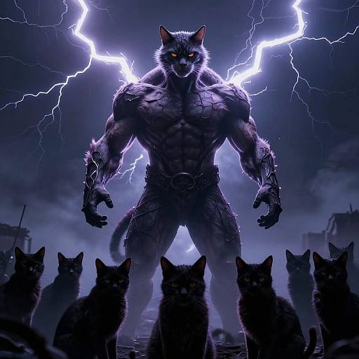 Digital art of a muscular, glowing-eyed werewolf with cracked purple skin, standing amidst black cats, under a lightning-filled, dark stormy sky.