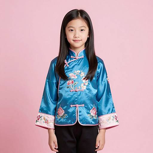 Photograph of an Asian girl with long black hair, wearing a blue satin Chinese-style blouse with floral embroidery, black pants, against a pink background.