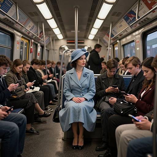 Photograph of a subway car: Elegant woman in light blue coat and hat sits centered, surrounded by busy passengers using smartphones.