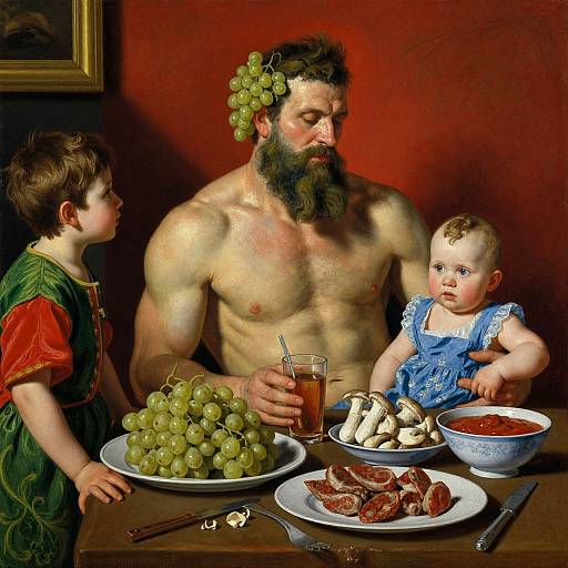 Digital artwork of a muscular, bearded man with grapes in his hair, shirtless, sitting at a table with a child in green dress and baby
