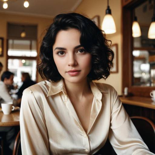Young Woman in Silk Blouse at Cozy Café