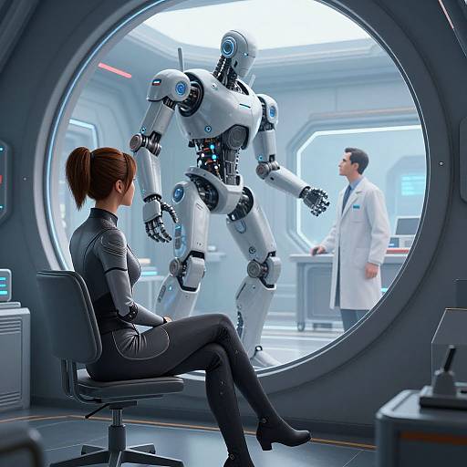 Photorealistic CGI: Woman in black bodysuit sits, observing white robot through circular window in futuristic lab, scientist in white coat stands in background