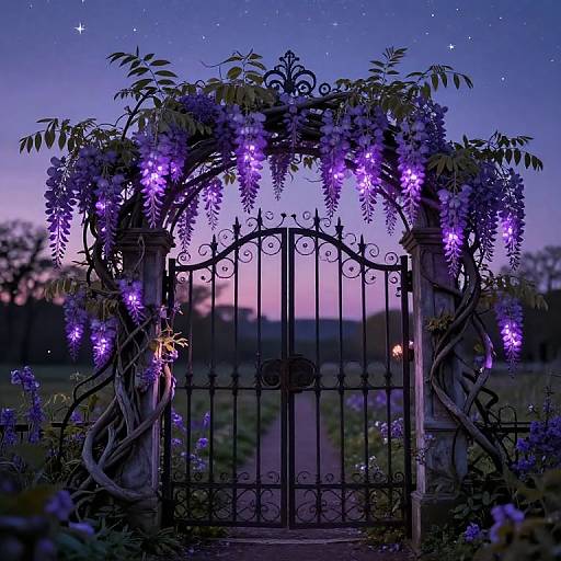 Photograph of a twilight garden gate adorned with glowing purple wisteria flowers, intricate black wrought iron, and a starry night sky in the background