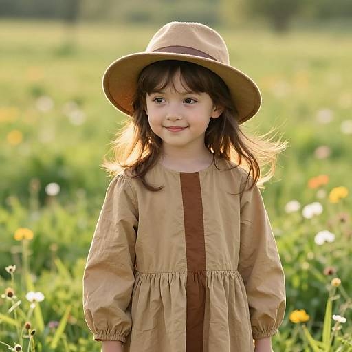 Serene Girl in Tan Dress and Hat