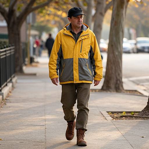 Photograph of a middle-aged man in a yellow and gray jacket, brown pants, and brown boots walking on a tree-lined sidewalk.