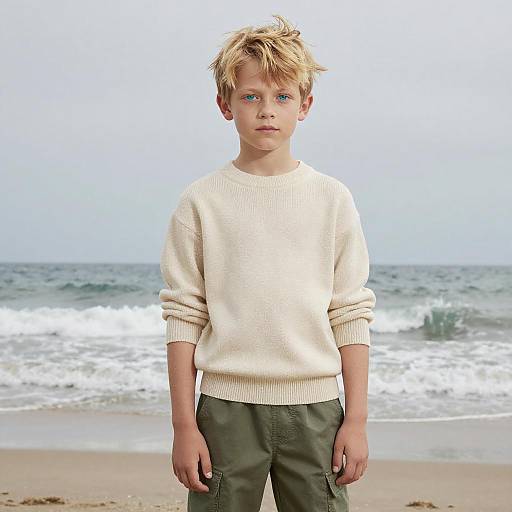 Photograph of a young blonde boy with blue eyes, wearing a cream sweater and green pants, standing on a sandy beach with waves in the background.