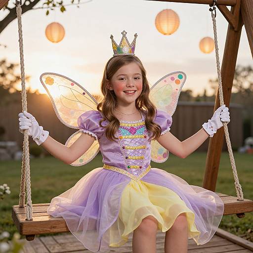 Photograph of a smiling young girl with fairy wings, wearing a lavender and yellow princess dress, white gloves, and a colorful crown, sitting on a