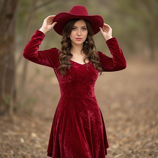 Photograph of a woman with long brown hair, wearing a red velvet dress and matching wide-brimmed hat, standing in a blurred forest path.