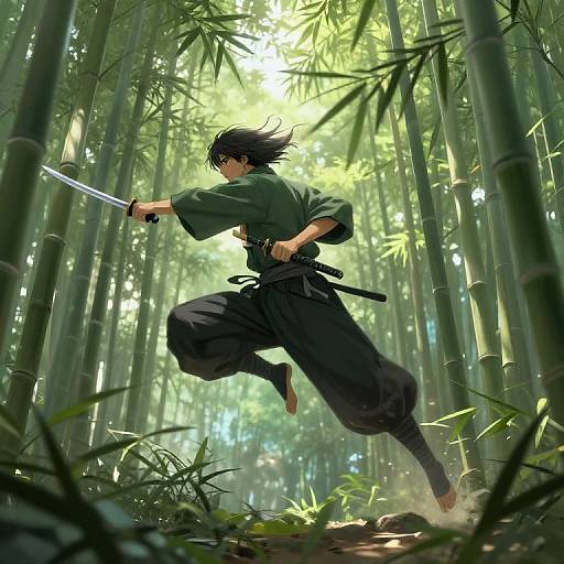 Anime-style digital drawing of a black-haired ninja in green kimono and black pants, mid-leap, wielding a sword in a sunlit bamboo forest