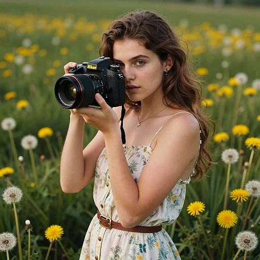 Young Woman Photographing in Dandelion Field