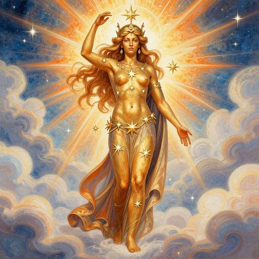 Digital painting of a golden, nude goddess with long wavy hair, adorned with star jewelry, radiating light, standing on clouds.