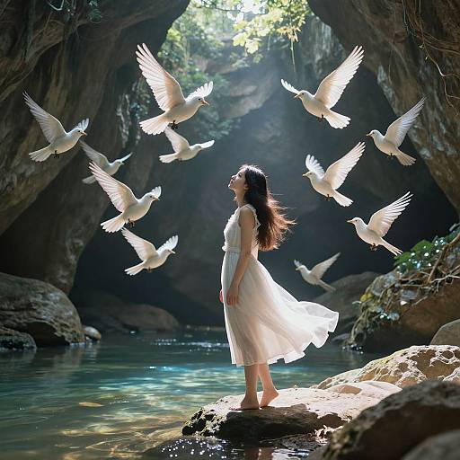 Photograph of a woman with long brown hair in a white dress, standing on a rock, surrounded by white doves, in a sunlit cave
