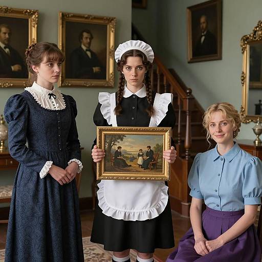 Victorian Women with Maid Holding Painting