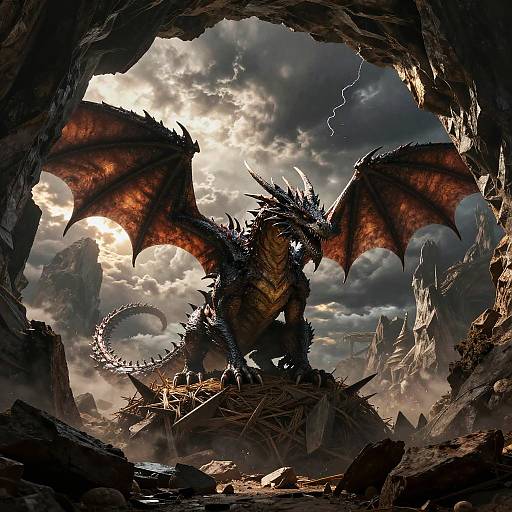 Photorealistic digital art: A fierce, black-scaled dragon with red, membranous wings stands in a rocky cave, illuminated by a dramatic